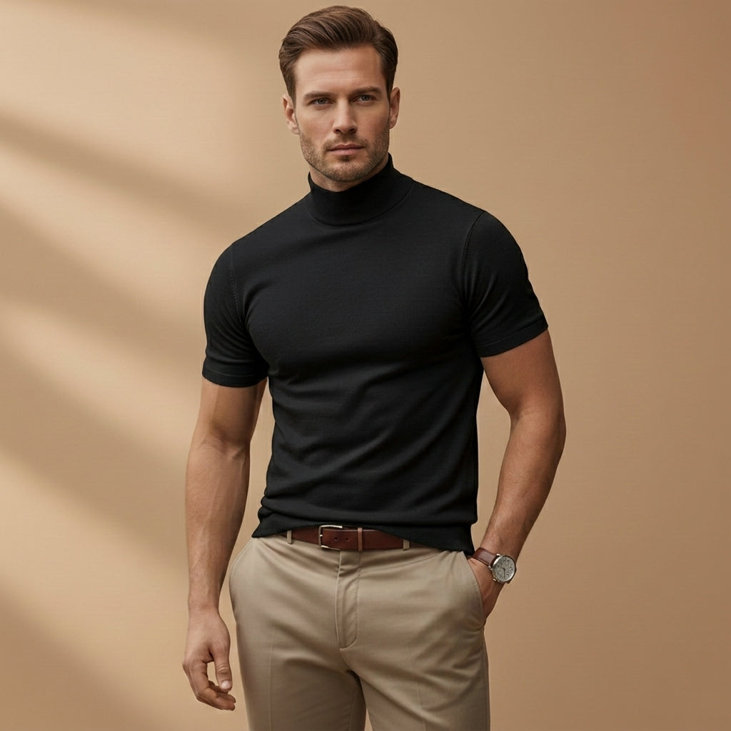 Arthur Hendon Menton Turtleneck T-Shirt in neutral color, close-up of fabric and turtleneck collar detail.