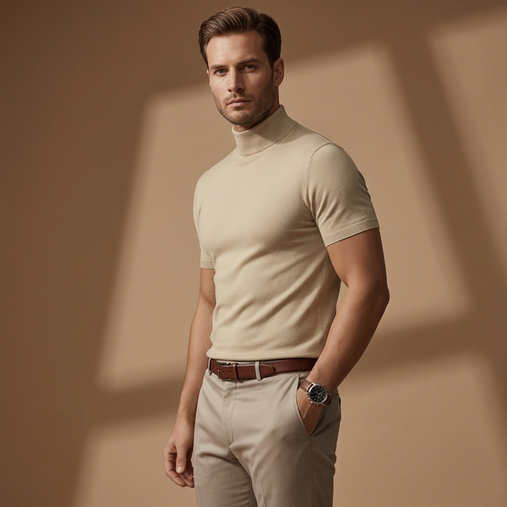 Arthur Hendon Menton Turtleneck T-Shirt in neutral fabric, close-up of the soft, fitted neckline and smooth texture.