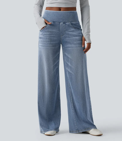 Mercer & Bloom Velouré Flex™ mid-rise draped washed casual baggy wide-leg jeans with front and back pockets.