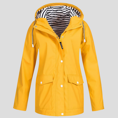 Beckmiller women's water-resistant and wind-resistant hooded jacket, shown in a close-up of the jacket's hood and front fabric.