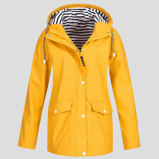 Beckmiller women's water-resistant and wind-resistant hooded jacket, shown in a close-up of the jacket's hood and front fabric.