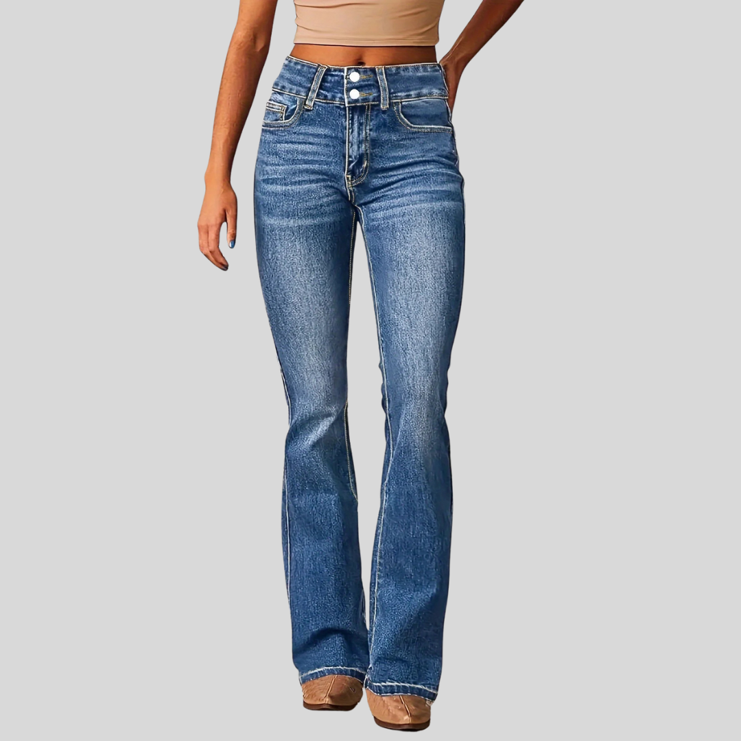 Homixa Aya men's high-waisted flared jeans with two-button waist and front pockets, showcasing classic denim style.