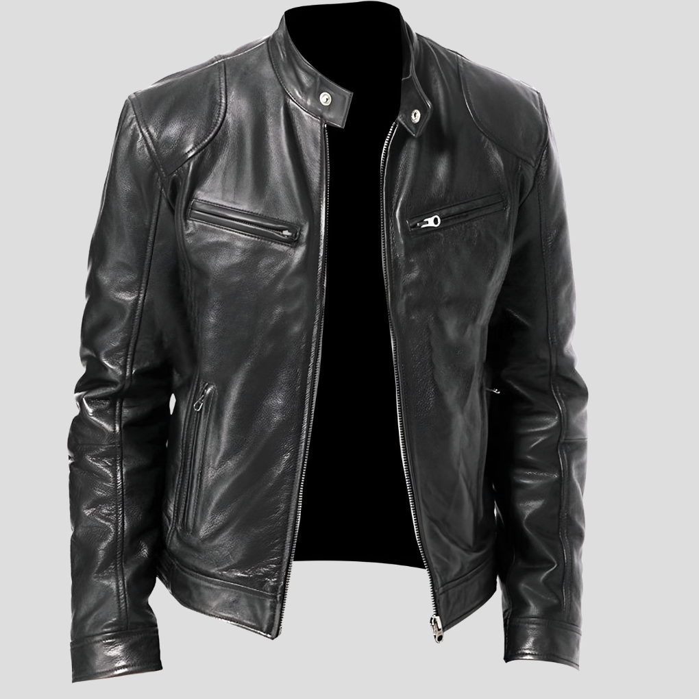 Beckmiller men's classic leather jacket, new arrival, featuring a sleek black design with a front zipper and stylish collar.
