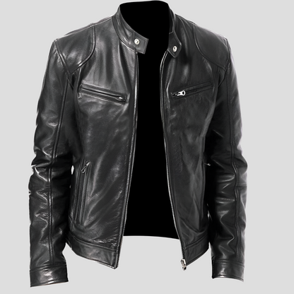 Beckmiller men's classic leather jacket, new arrival, featuring a sleek black design with a front zipper and stylish collar.