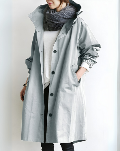 Beckmiller Classic Hooded Trench Coat, stylish olive green outerwear with hood and button details, perfect for rainy weather.
