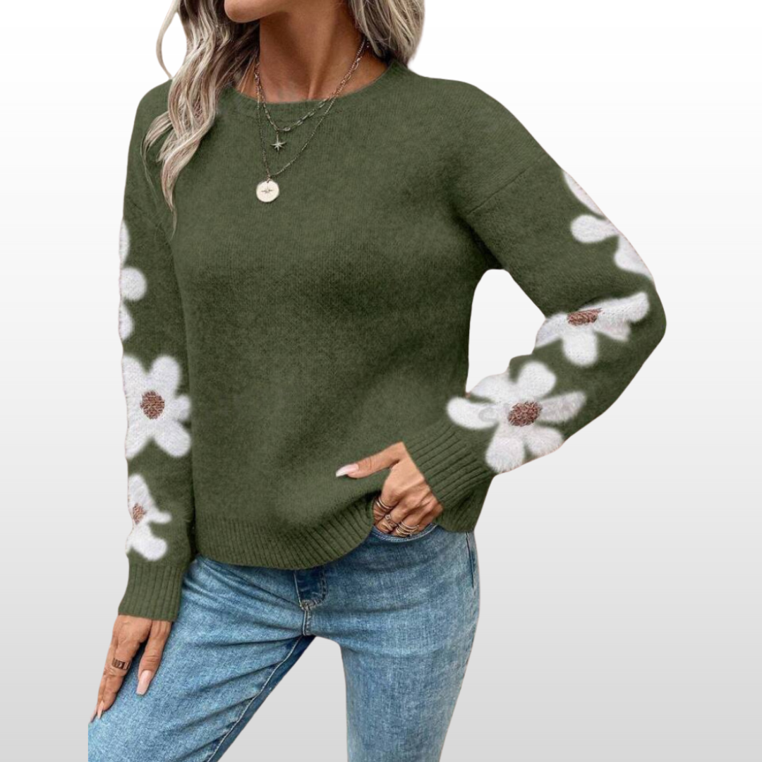 Homixa women's floral pattern crew neck sweater, soft knit women’s sweater with colorful floral design and cozy fit.