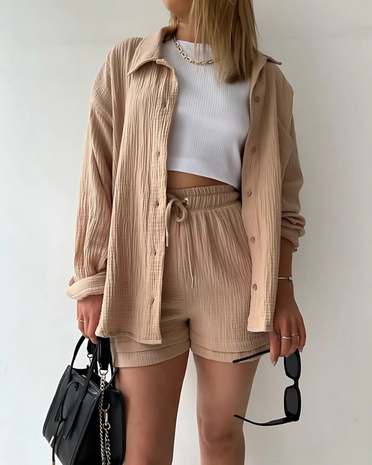 Loppist VERA™ modern button-up shorts set featuring a stylish top and matching shorts in a contemporary design.