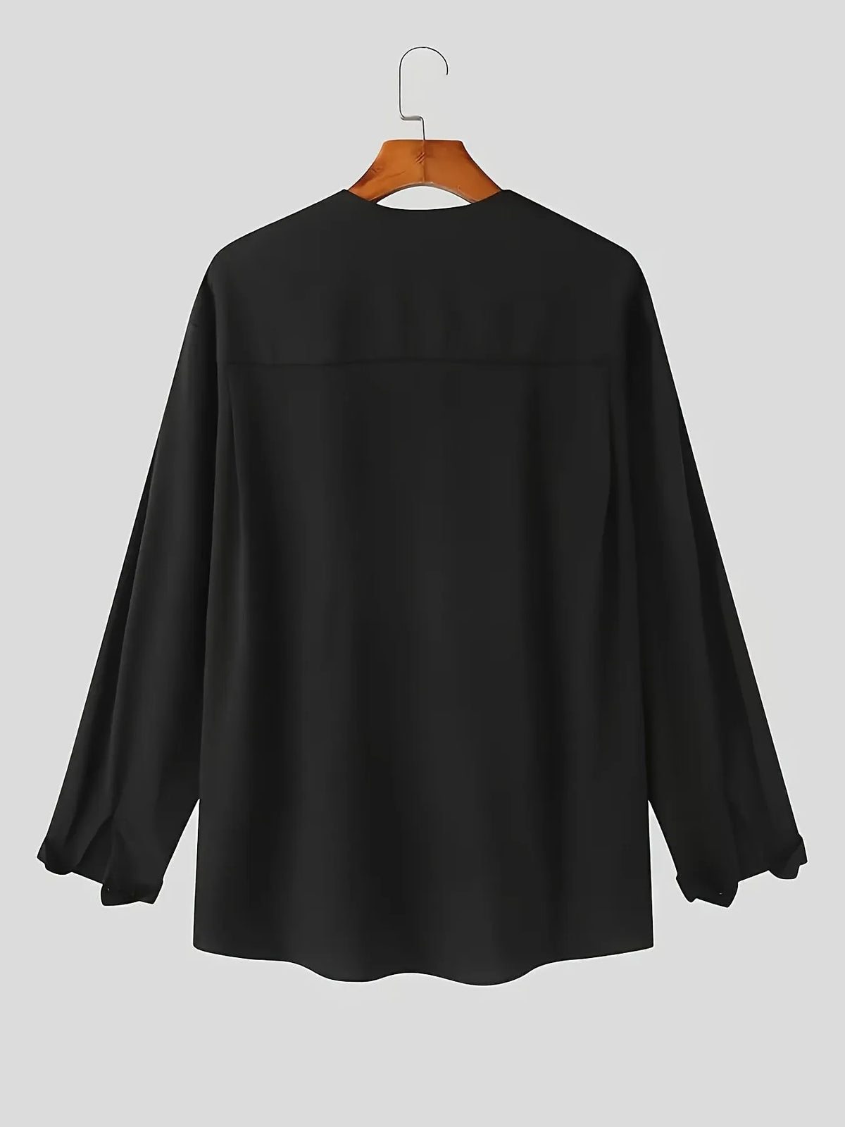 Homixa men's solid color V-neck long sleeve Henley shirt displayed on a hanger with a close-up view of fabric and design details.