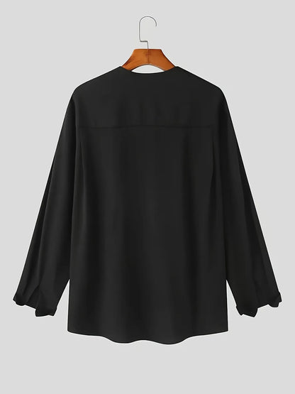 Homixa men's solid color V-neck long sleeve Henley shirt displayed on a hanger with a close-up view of fabric and design details.
