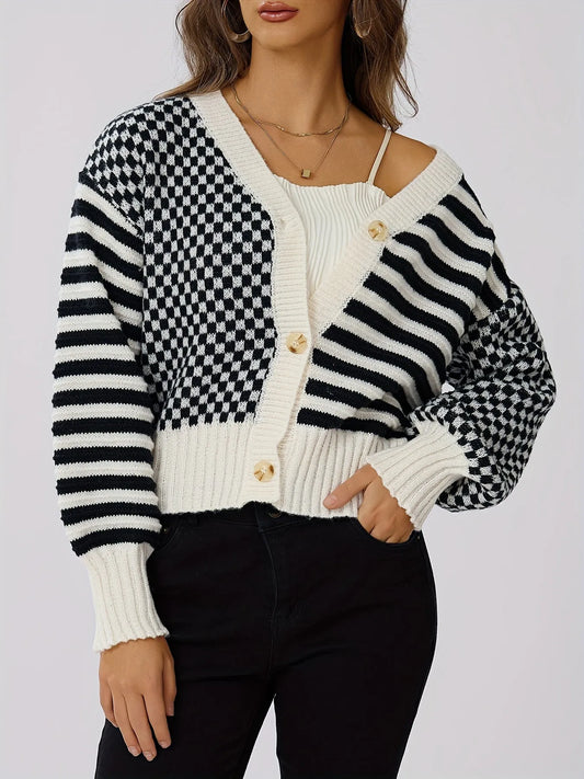 Homixa Morgan women's lightweight cropped plaid cardigan with v-neck, button-front, and long sleeves, stylish and comfortable for casual wear.
