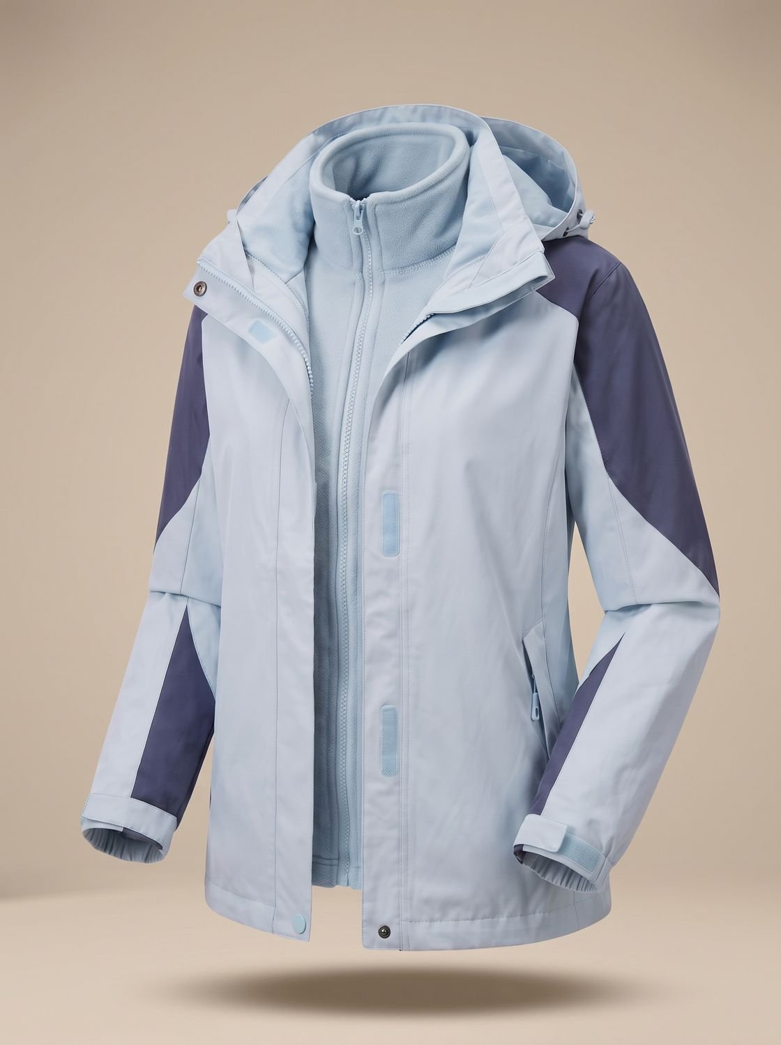 Homixa 2-in-1 fleece softshell jacket with removable liner and adjustable hood, showing front view and zip details.