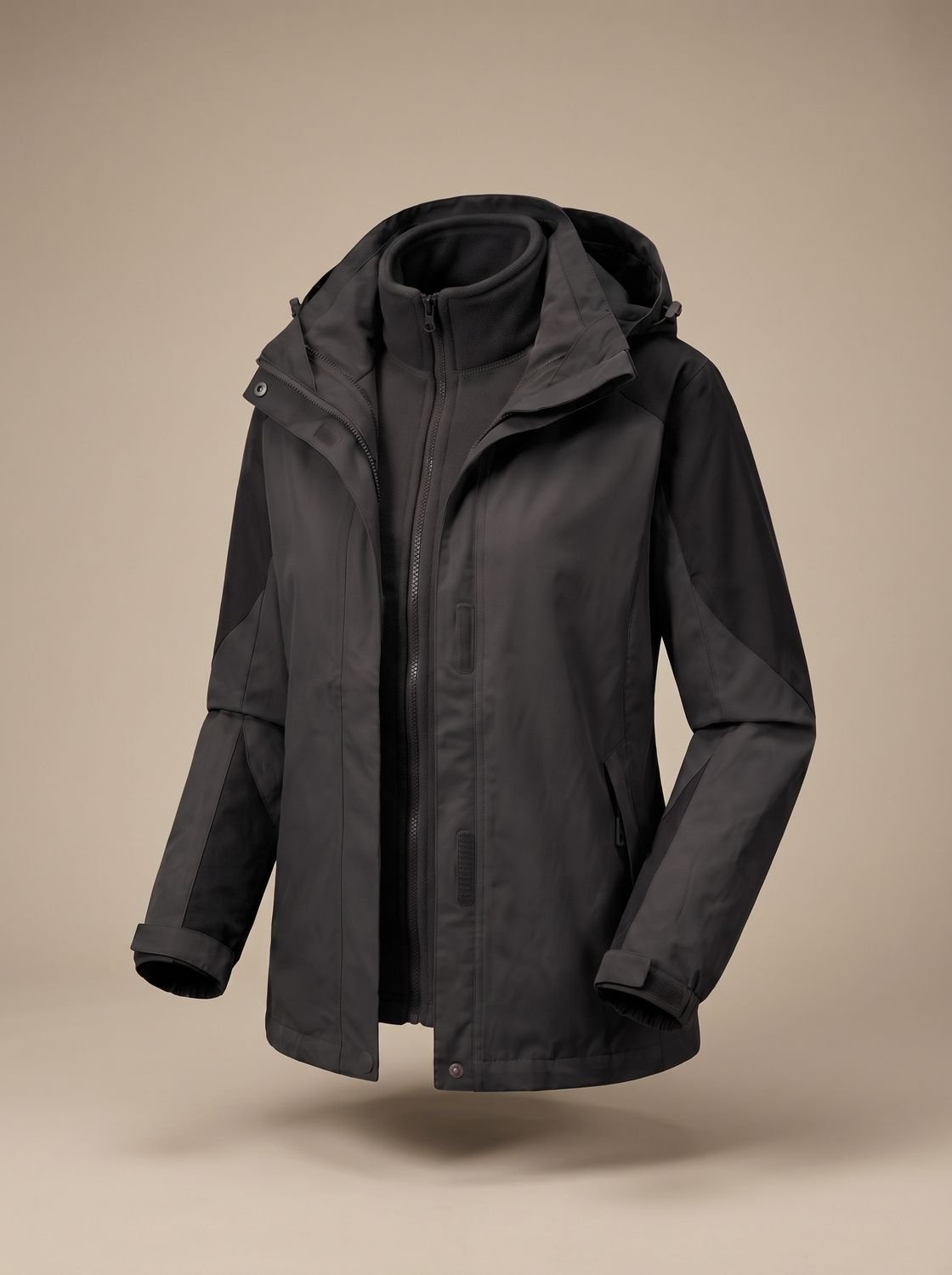 Homixa 2-in-1 fleece softshell jacket with removable liner and adjustable hood, showing front view with zipper and pockets.