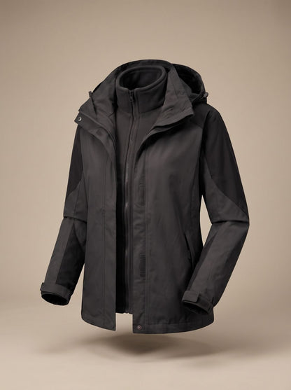 Homixa 2-in-1 fleece softshell jacket with removable liner and adjustable hood, showing front view with zipper and pockets.