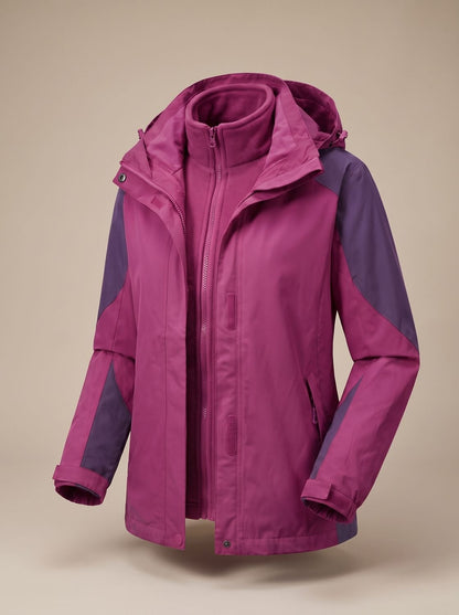 Homixa 2-in-1 fleece softshell jacket with removable liner and adjustable hood, shown with zippered closures and stretchy cuffs.