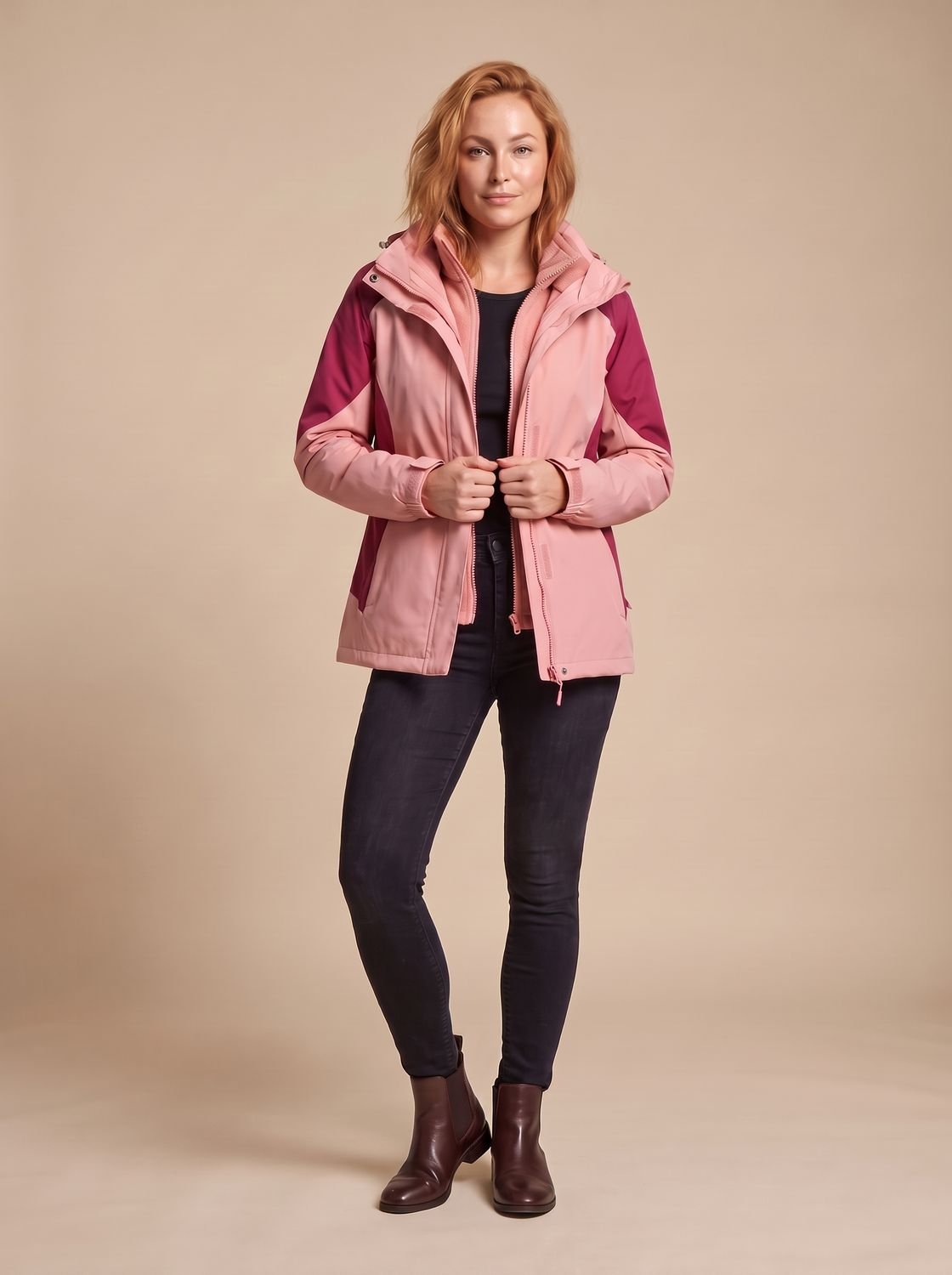 Homixa 2-in-1 fleece softshell jacket with removable liner and adjustable hood, showing front view with zip closure and pockets.