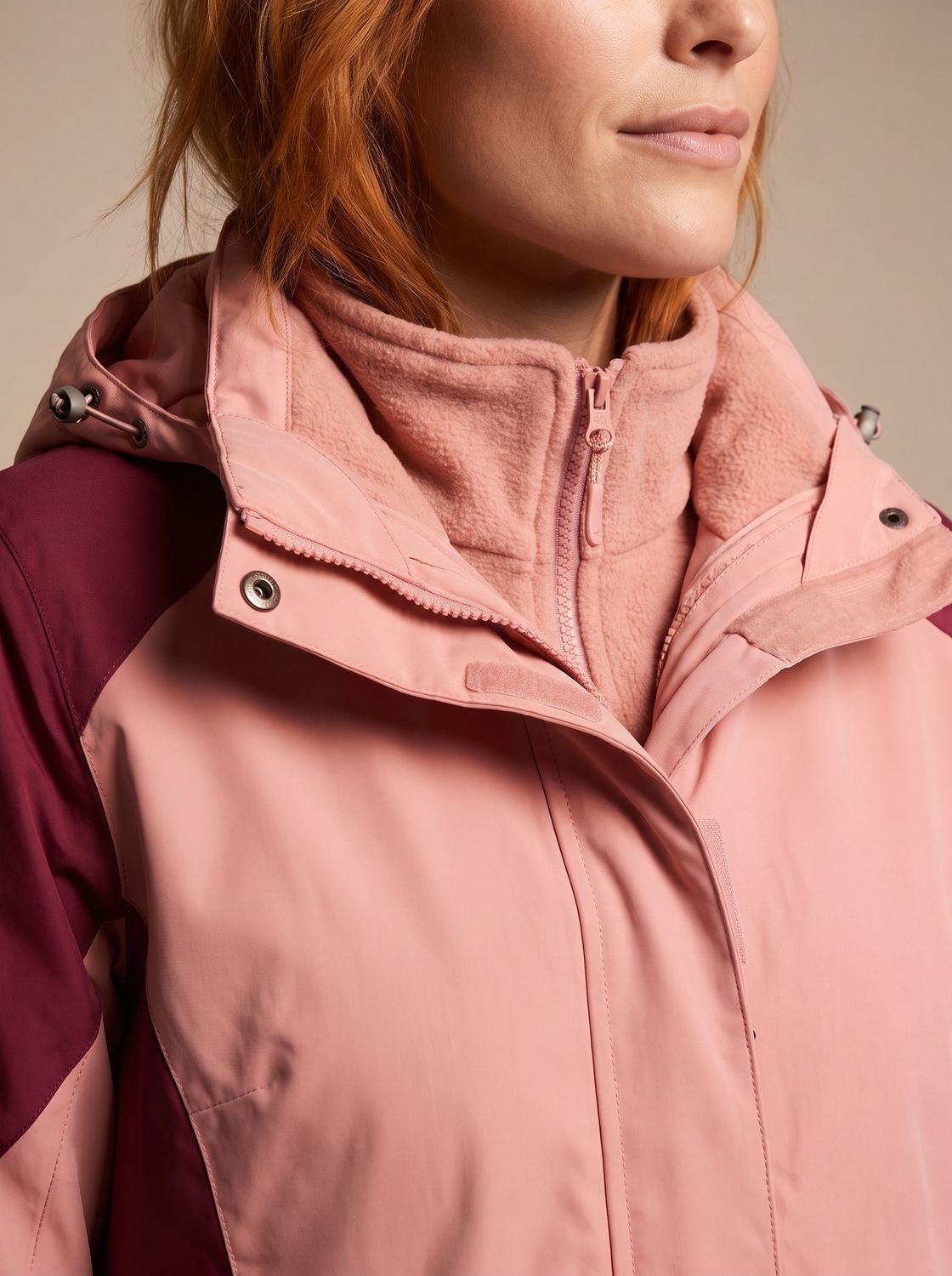 Homixa 2-in-1 fleece softshell jacket with removable liner and adjustable hood, shown with front zipper and multiple pockets.