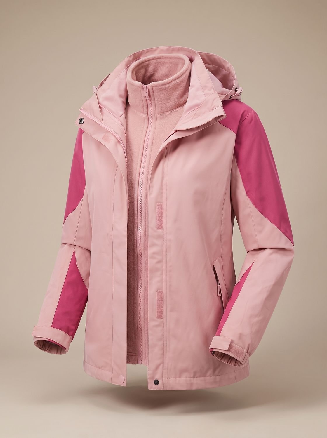 Homixa 2-in-1 fleece softshell jacket with removable liner and adjustable hood, shown on a hanger with front pockets and zippers.