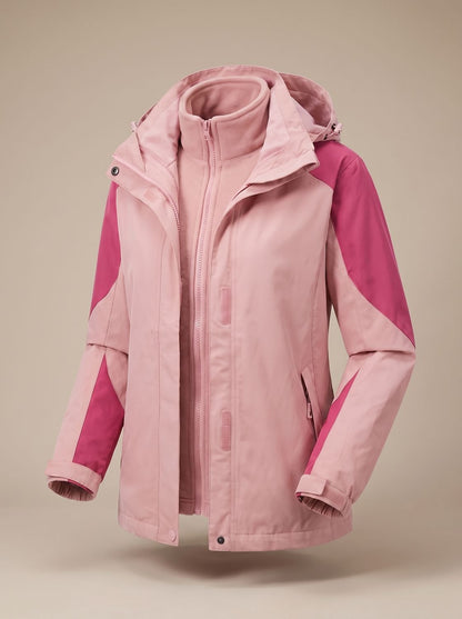Homixa 2-in-1 fleece softshell jacket with removable liner and adjustable hood, shown on a hanger with front pockets and zippers.