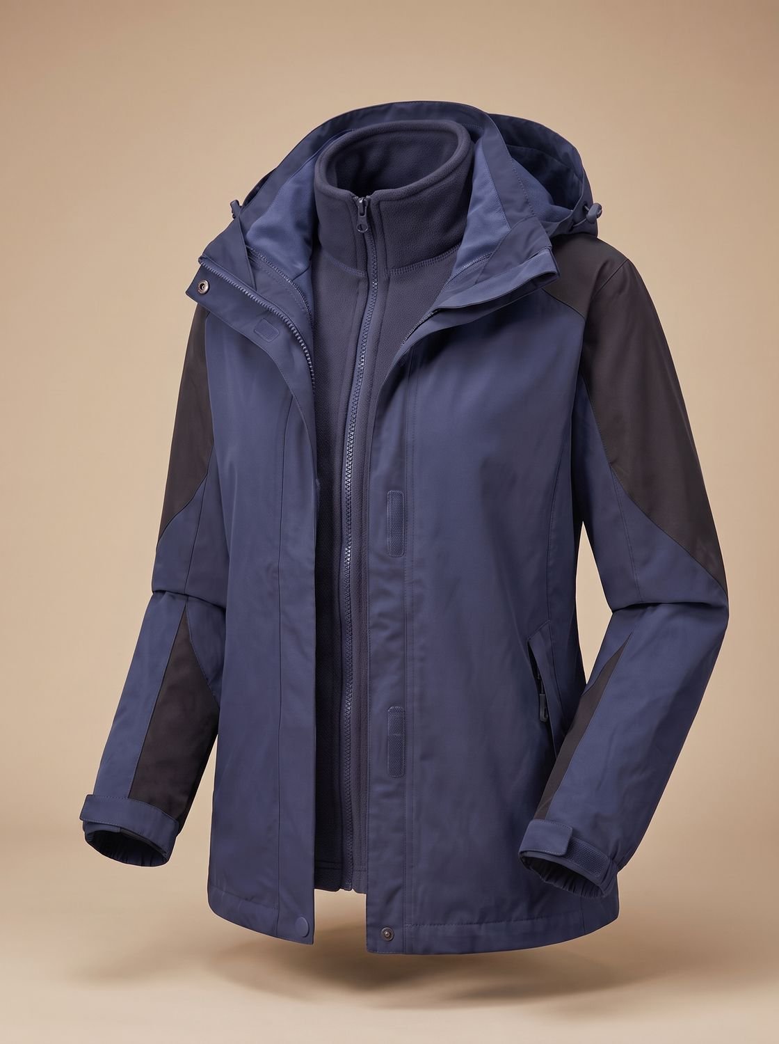 Homixa 2-in-1 fleece softshell jacket with removable liner, adjustable hood, and multiple pockets for outdoor wear.