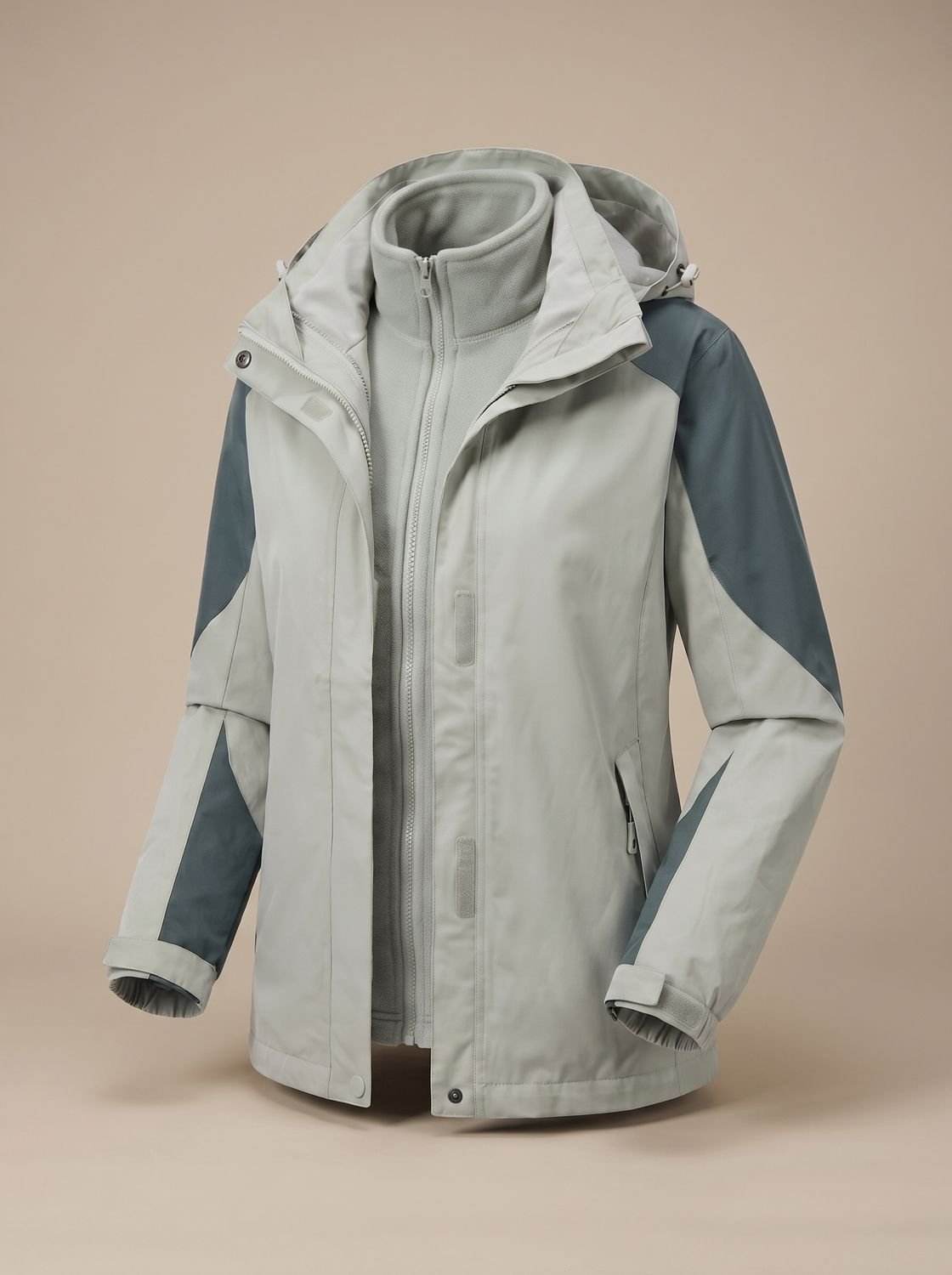 Homixa 2-in-1 fleece softshell jacket with removable liner and adjustable hood, shown with zipped front and multiple pockets.