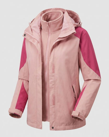 Homixa 2-in-1 hooded water-resistant softshell jacket with removable fleece inner layer, showing the jacket's outer shell and inner fleece.