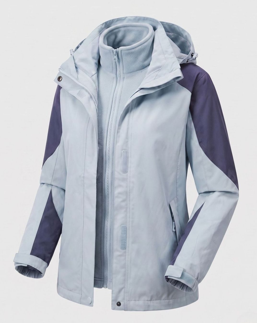 Homixa 2-in-1 hooded softshell jacket with water-resistant outer and removable fleece inner layer, suitable for outdoor activities.