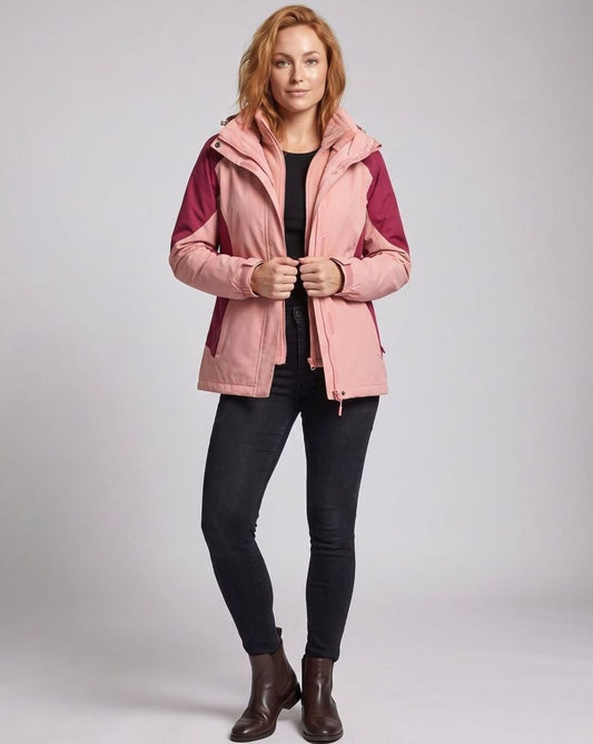 Homixa 2-in-1 polyester softshell jacket with a detachable fleece inner layer and adjustable hood, shown on a hanger.