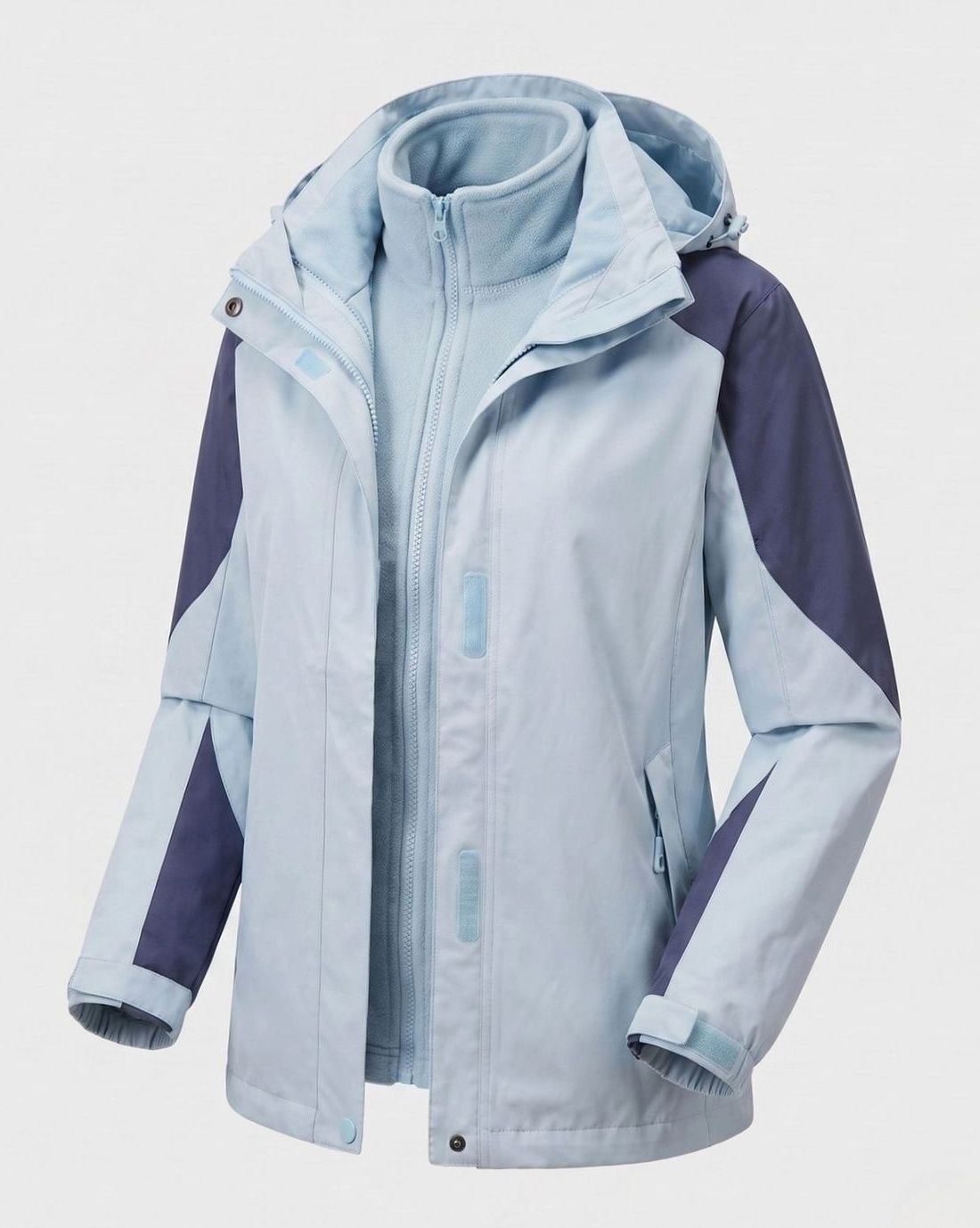 Homixa 2-in-1 polyester softshell jacket with detachable fleece inner layer and adjustable hood, shown in black with multiple pockets.
