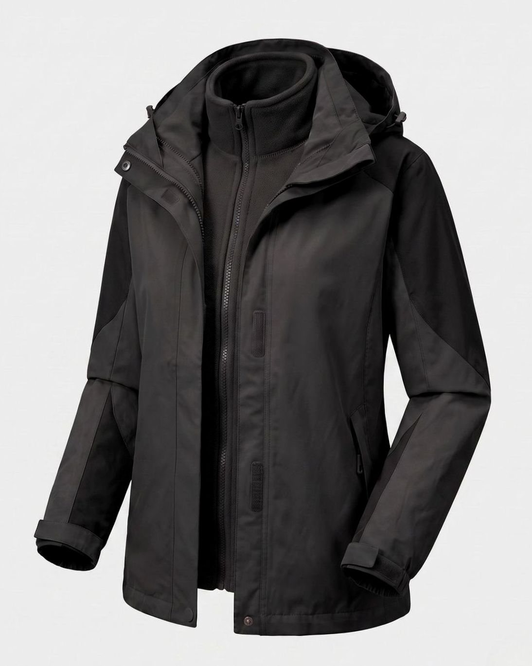 Homixa 2-in-1 polyester softshell jacket with detachable fleece inner layer and adjustable hood, suitable for outdoor wear.