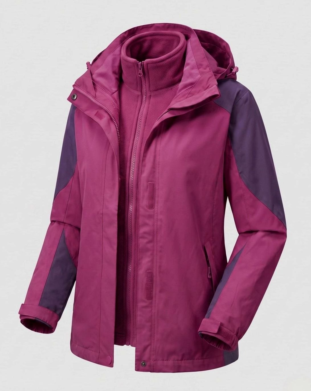 Homixa 2-in-1 polyester softshell jacket with detachable fleece inner layer and hood, shown with front view and adjustable features.