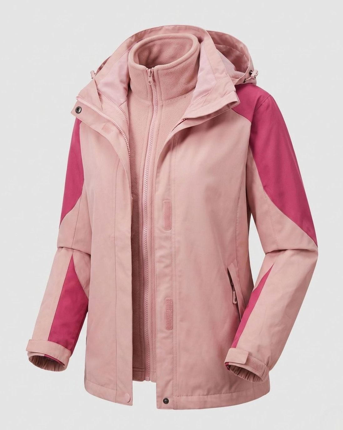 Homixa 2-in-1 polyester softshell jacket with detachable fleece inner layer and hood, showing front view and adjustable features.