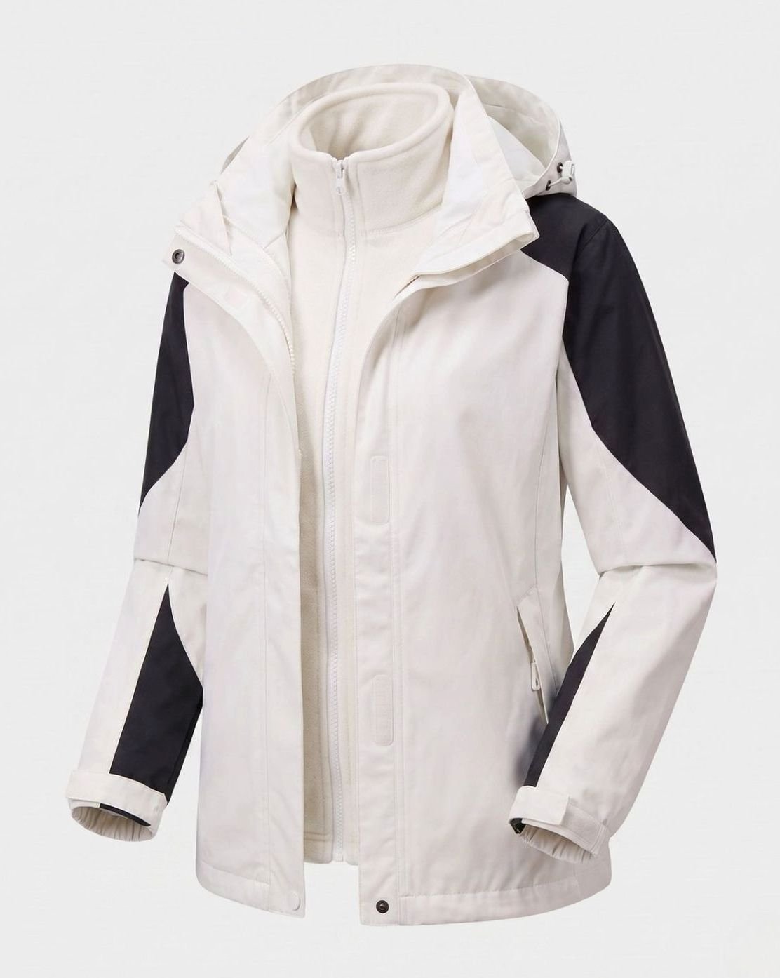 Homixa 2-in-1 polyester softshell jacket with detachable fleece inner layer, hood, and adjustable cuffs, suitable for outdoor wear.