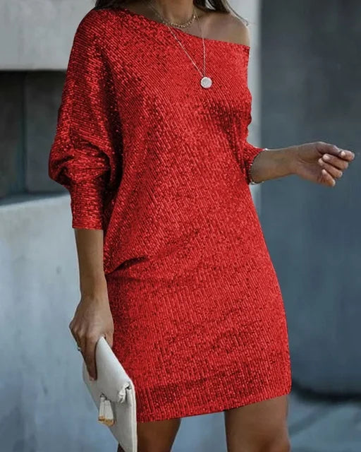 Emily Carter women's sequin cocktail dress featuring a slim-fit, long-sleeve mini design with off-shoulder style.
