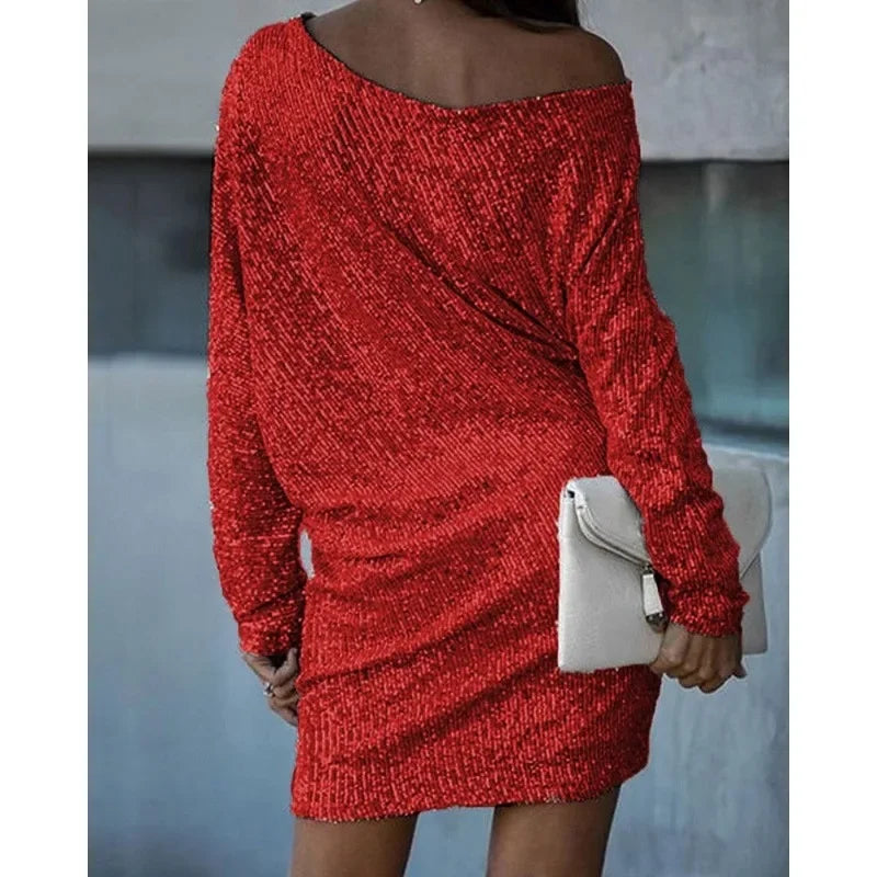 Women's sequin cocktail dress by Emily Carter, slim fit mini dress with long sleeves, perfect for elegant evening occasions.