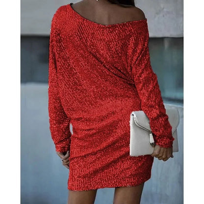Women's sequin cocktail dress by Emily Carter, slim fit mini dress with long sleeves, perfect for elegant evening occasions.