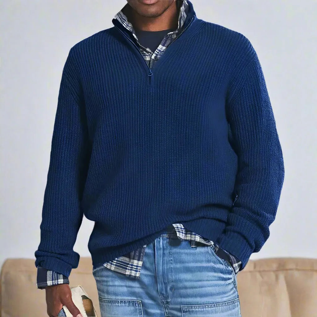 Homixa men's knit sweater with ribbed details and relaxed fit, showcasing the cozy, textured fabric and stylish design.