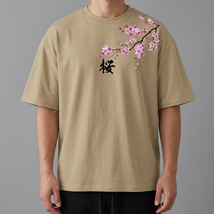 Homixa men's cotton T-shirt featuring a cherry blossom print, crew neck, and relaxed fit, displayed on a hanger.