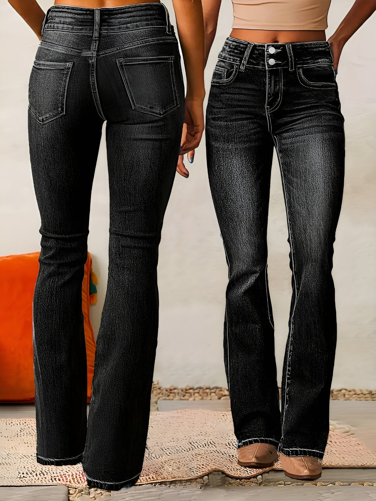 Homixa Alana flared jeans with double-button waist, washed finish, and contrast stitching, showcasing the stylish, comfortable denim design.