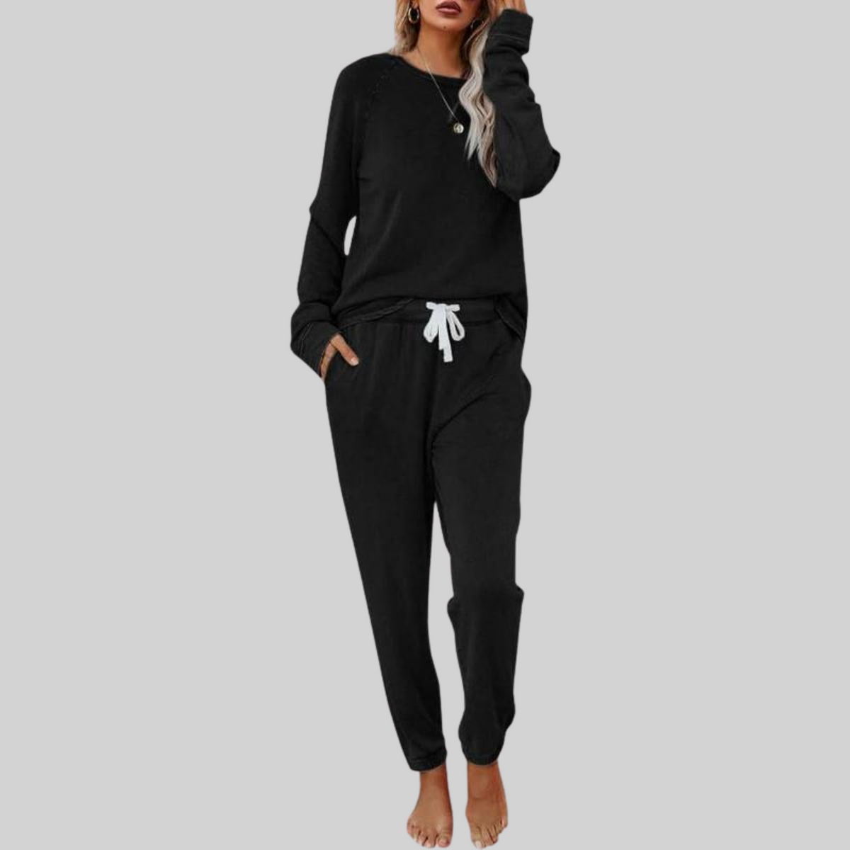 Mercer & Bloom JOCELYN™ casual long sleeve top and sweatpants set in soft fabric, displayed on a neutral background.