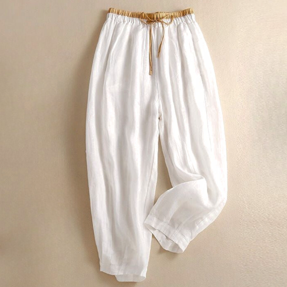 Kate and Wendy Elodie relaxed linen wide-leg sweatpants for women, showing soft, comfortable fabric and relaxed fit.