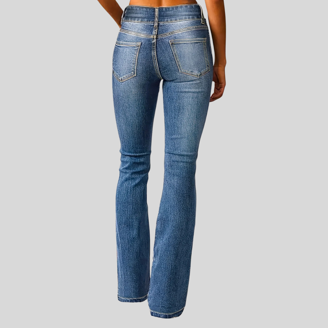 Homixa Aya men's high-waisted flared jeans with two-button waist and front pockets, showcasing classic denim style.