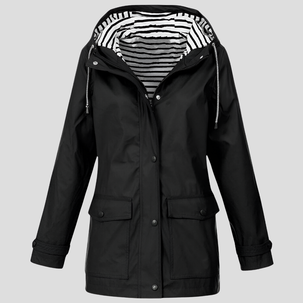 Beckmiller women’s water- and wind-resistant hooded jacket, lightweight outerwear with a hood, suitable for rainy or windy weather.