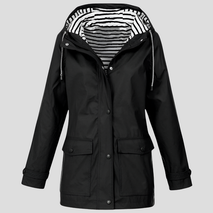 Beckmiller women’s water- and wind-resistant hooded jacket, lightweight outerwear with a hood, suitable for rainy or windy weather.