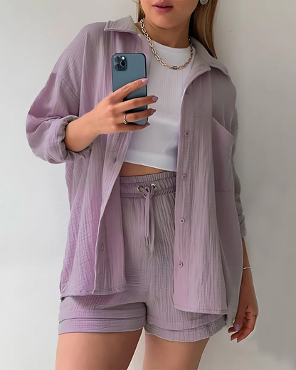 Loppist VERA™ modern button-up shorts set featuring a stylish top and matching shorts, perfect for casual summer wear.