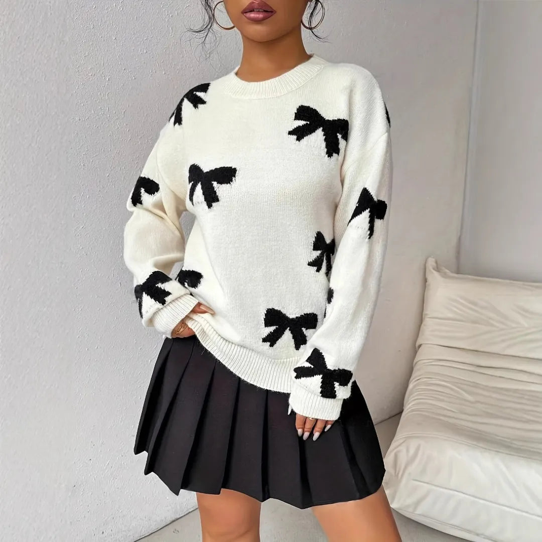 Homixa Louise women's bow-pattern crew-neck sweater featuring ribbed cuffs and hem, stylish and cozy for everyday wear.