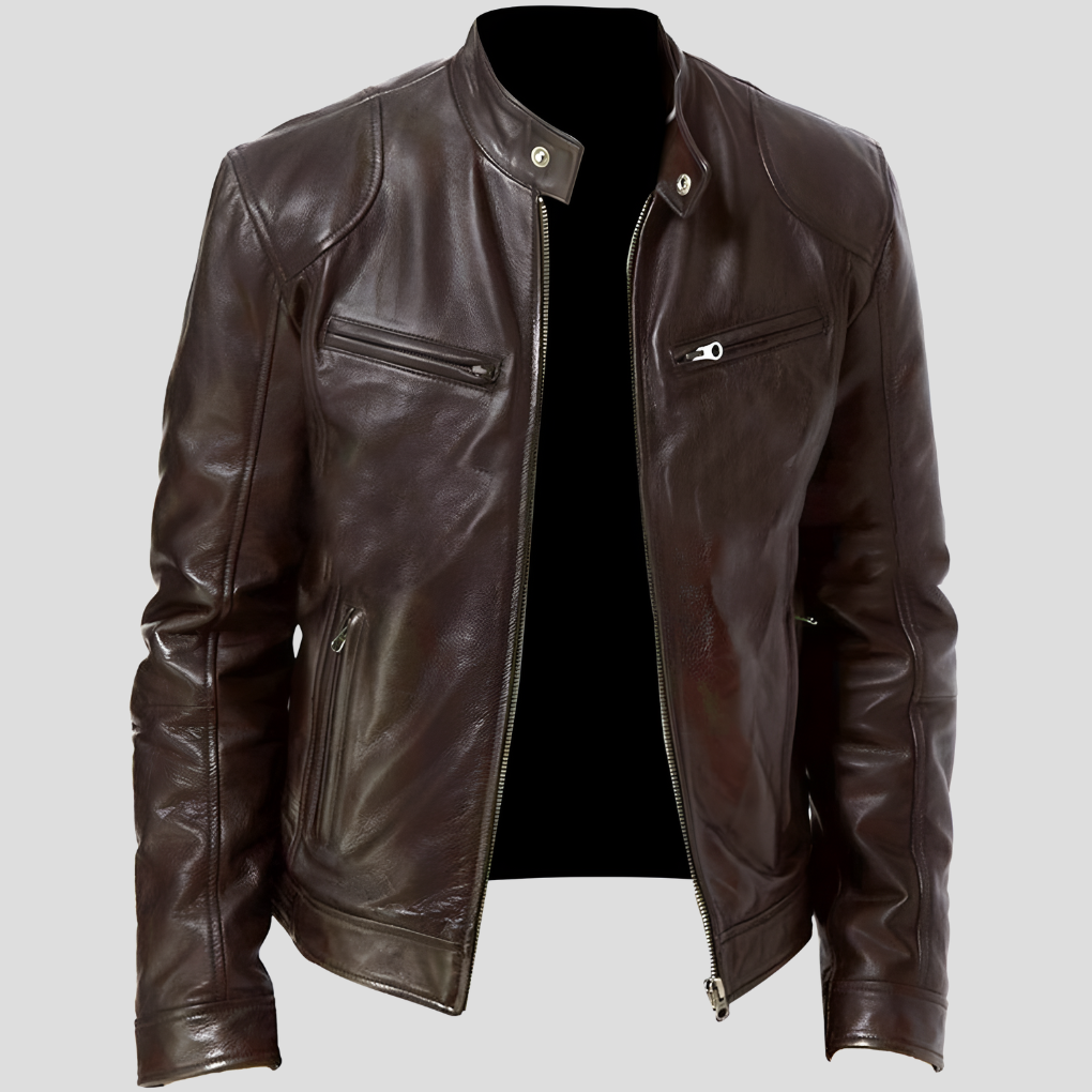 Beckmiller men's classic leather jacket featuring a sleek design with a front zipper and stylish collar.