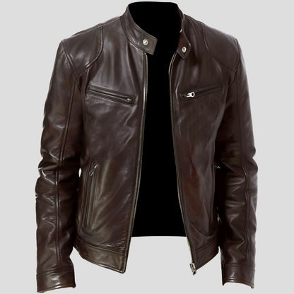 Beckmiller men's classic leather jacket featuring a sleek design with a front zipper and stylish collar.