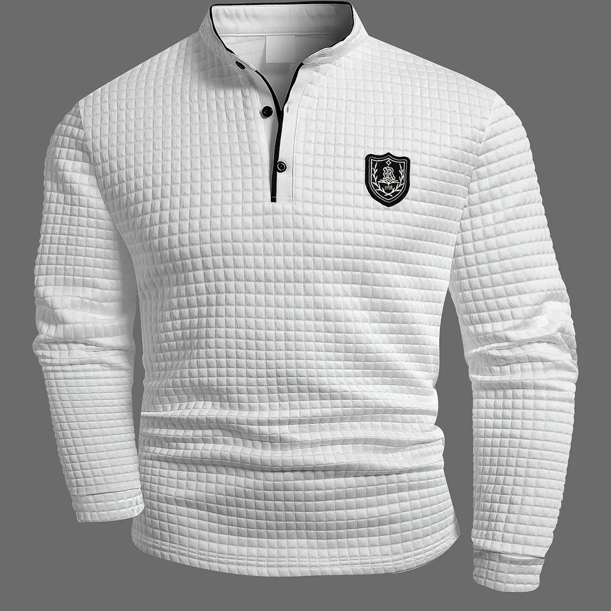 Men's solid color knit Henley shirt with button-front and checked pattern, by Homixa, shown in a close-up image.