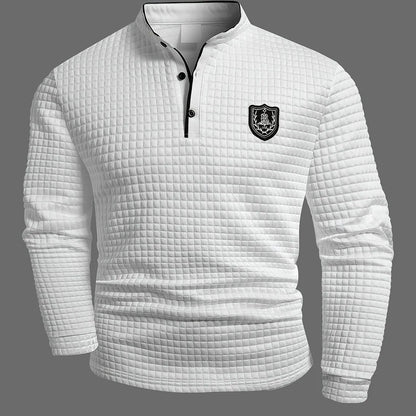 Men's solid color knit Henley shirt with button-front and checked pattern, by Homixa, shown in a close-up image.