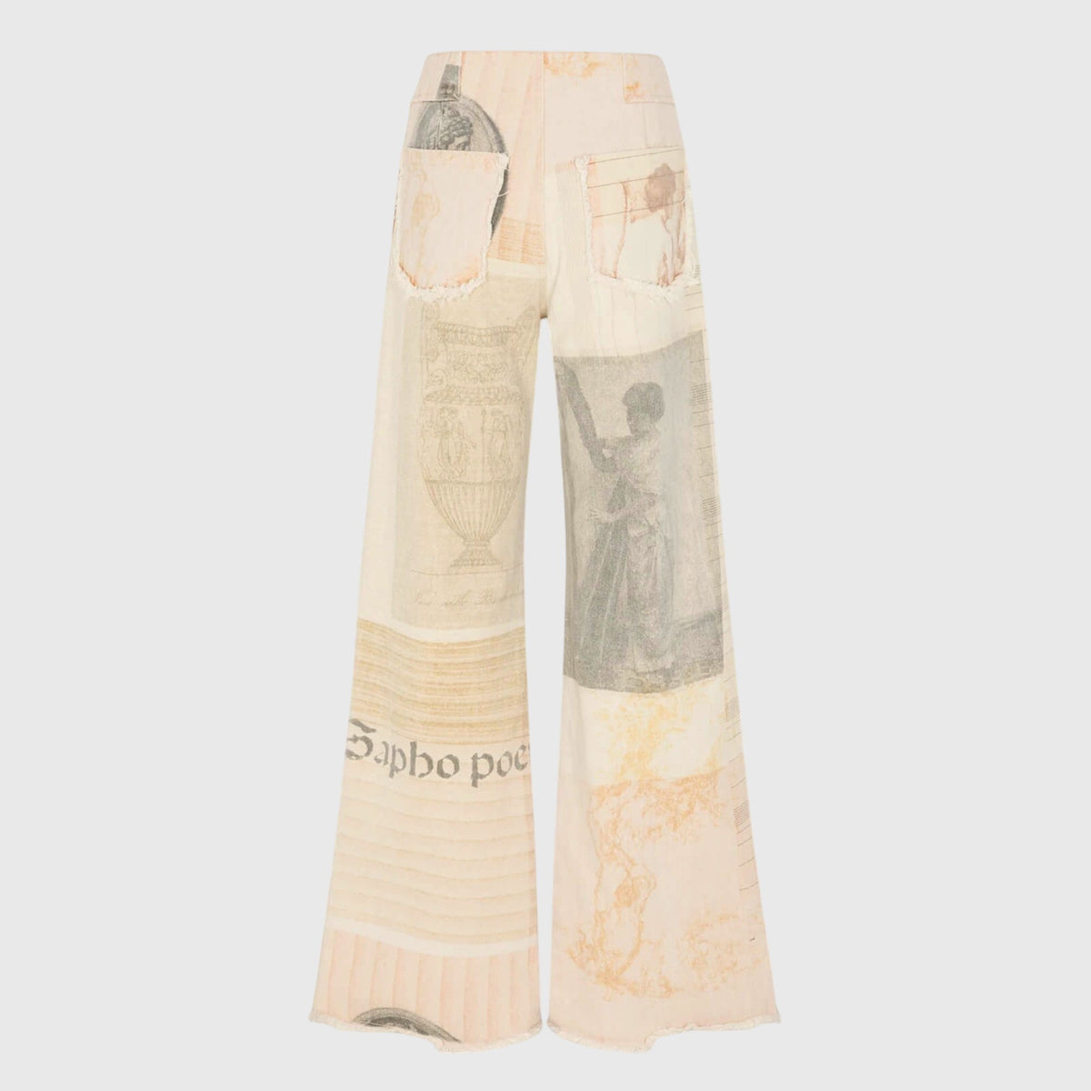 Homixa Alma women's vintage collage-print wide-leg jeans with high waist and frayed hems, styled with casual fashion.